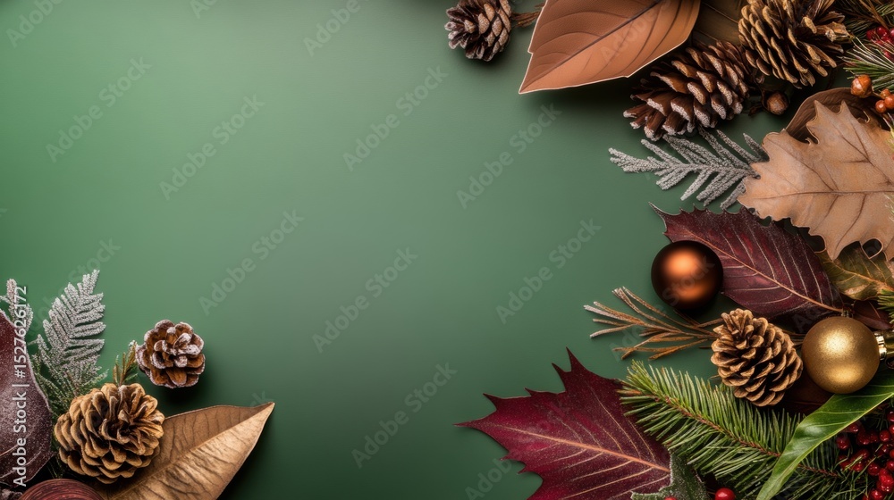 Obraz premium Festive arrangement of autumn leaves and pinecones on a green background