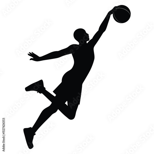 Basketball Player Silhouette MidAir Dunking Ball, Dynamic Sports Action Illustration,