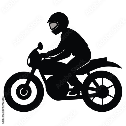 Black Silhouette Motorcyclist Wearing Helmet Riding Stylish Motorcycle with White Background