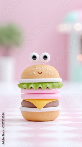 Cute clay hamburger with eyes and smiling face on pink background