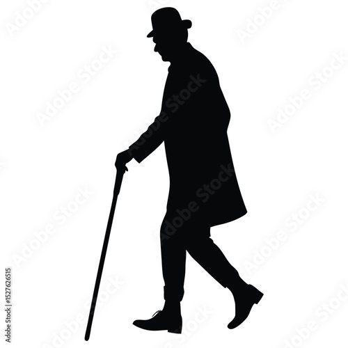 Black Silhouette of a Man Walking with Cane and Wearing a Hat