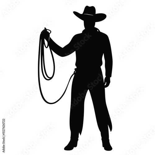 Cowboy Silhouette Holding Lasso, Western Rancher Illustration, Rodeo Symbol