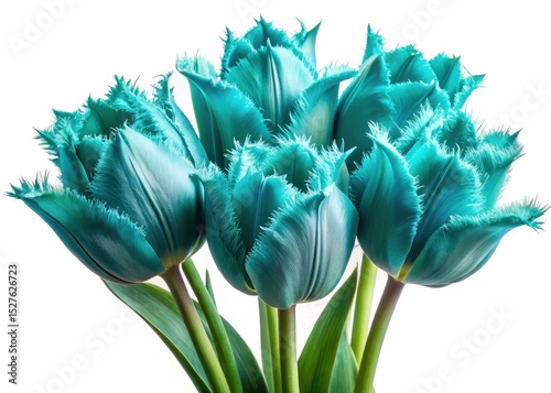 Close-up drone image showcases exquisite fringed turquoise tulips, strikingly isolated on white.