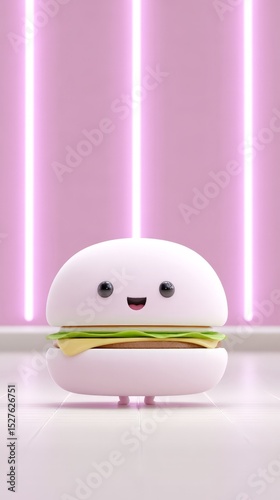 Cute kawaii burger character with happy face in pink neon background