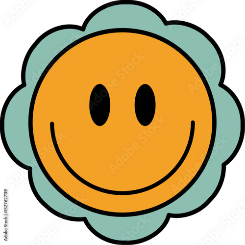 happy smiley face with smile flower retro 90s style outline