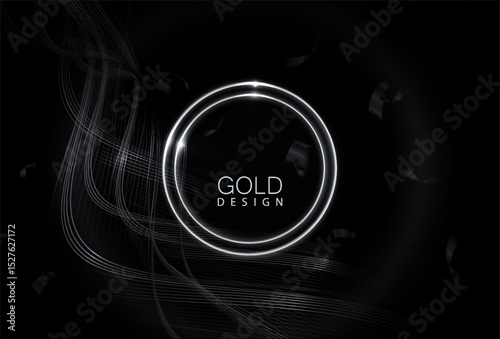 An exquisite round frame with wavy ribbons in silver tones on a black background.