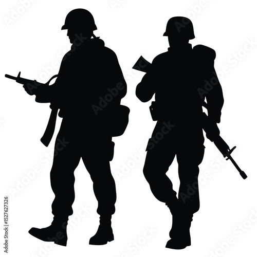 Silhouette Illustration Two Soldiers Armed with Rifles, Wearing Combat Helmets, on Patrol