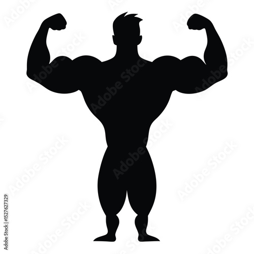 Silhouette Illustration of Muscular Man Flexing Arms, Bodybuilding and Fitness Design Element