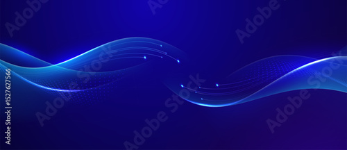 Abstract blue waves with glowing particles on dark background