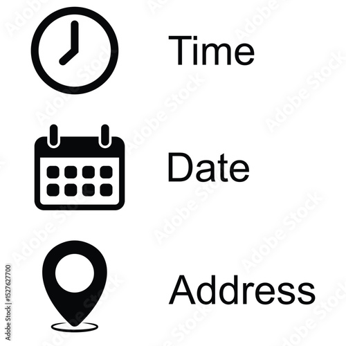Time, date and address icons set. Time, date and address line and solid icon set. calendar, Clock, location pin, icon set. vector illustration.
