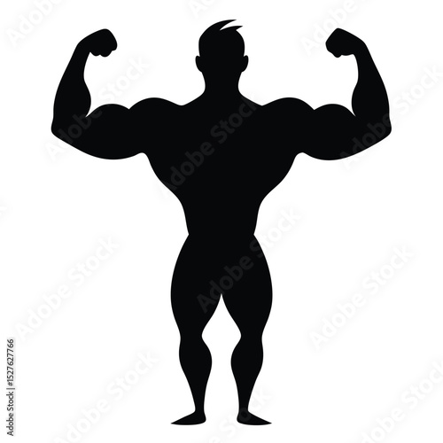Silhouette of a Muscular Man Flexing, Strong Bodybuilding Illustration Art