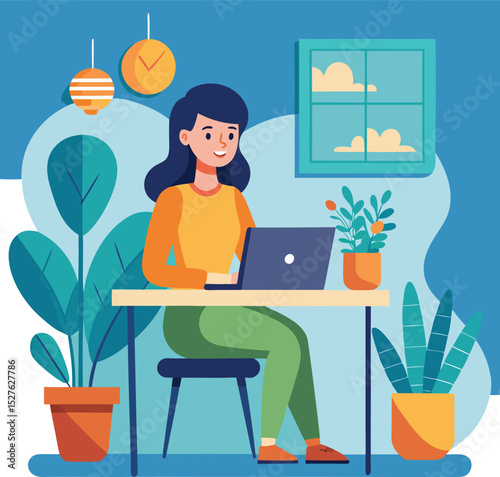 a woman working on laptop, a woman sitting a desk with a laptop