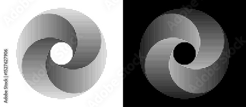 Lines in circle abstract background. Dynamic transition illusion. Black shape on a white background and the same white shape on the black side.