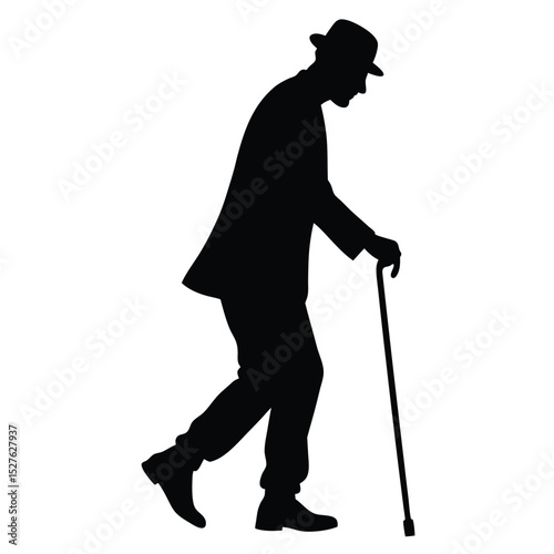 Silhouette of an Elegant Man in Hat Walking with a Cane