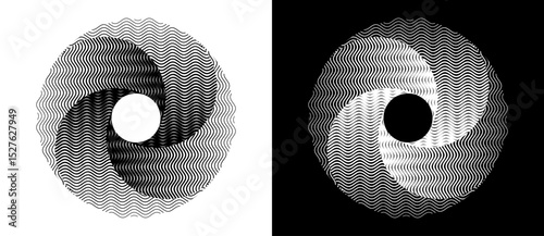 Lines in circle abstract background. Dynamic transition illusion. Black shape on a white background and the same white shape on the black side.