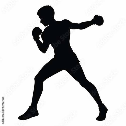 Silhouette of Boxer Throwing Punch, Intense Action Stance Against a Clean Background