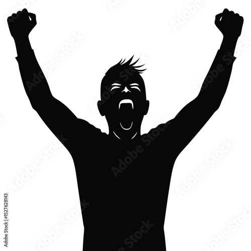 Silhouette of Man Celebrating Victory, Arms Raised, Mouth Open in Shout of Triumph