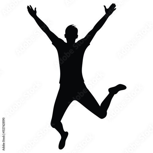 Silhouette of Man Jumping with Arms Raised High in Celebratory Gesture