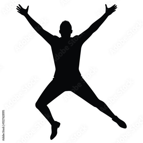 Silhouette of Man Jumping with Arms Raised in Exuberant Celebration Pose