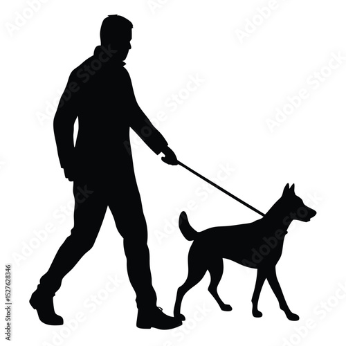 Silhouette of Man Walking Dog on Leash in Solid Black