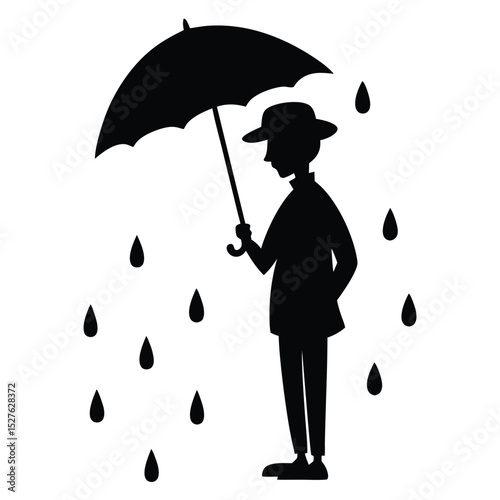 Silhouette of Man with Hat Under Umbrella in Rain Illustration Isolated