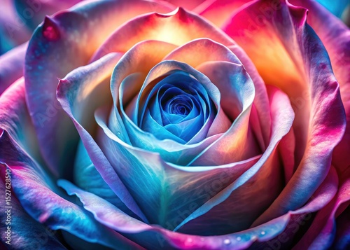 Close-up floral photography: a pink and blue abstract rose, bathed in artistic light, showcasing long-exposure effects and textured grain.