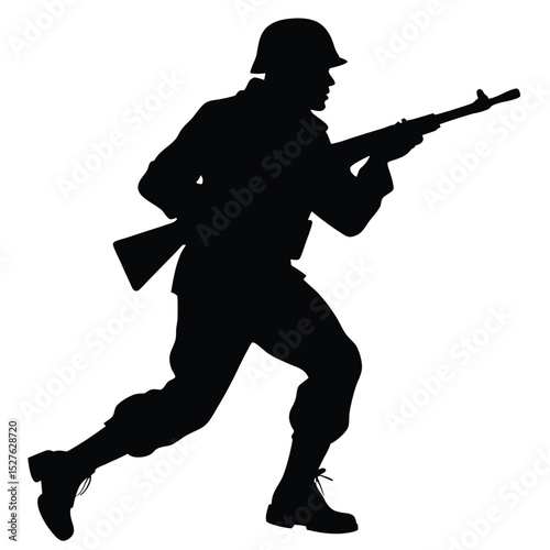 Silhouette of Soldier Running with Rifle in Combat Boots, Helmet, and Uniform