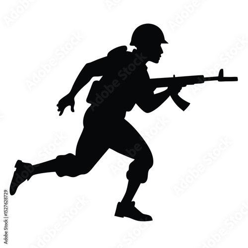 Silhouette of Soldier Running with Rifle Illustration on Plain Background