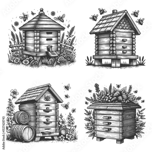 beehive Set collection bundle sketch engraving generative ai vector illustration. Scratch board imitation. Black and white image.