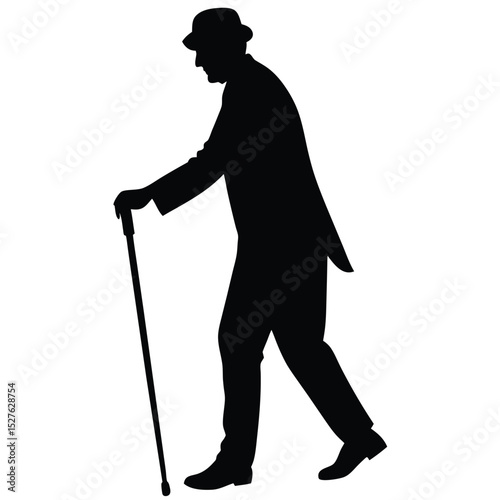 Silhouette of Walking Man with Cane, Suit and Hat, Isolated Figure