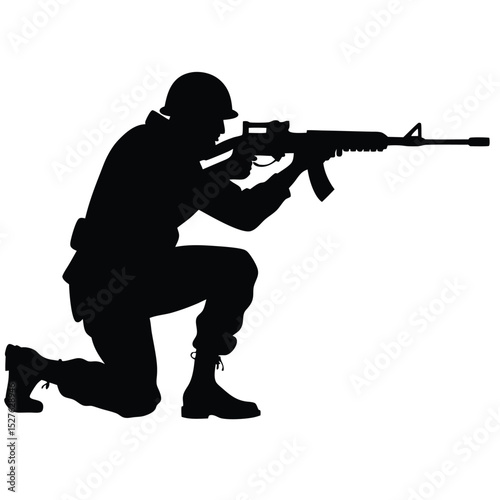 Soldier Silhouette Aiming Rifle Military Personnel Crouching, Weaponry, Action Pose, Combat Readiness