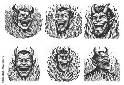 Laughing Devils and Demons Set collection bundle sketch engraving generative ai vector illustration. Scratch board imitation. Black and white image.