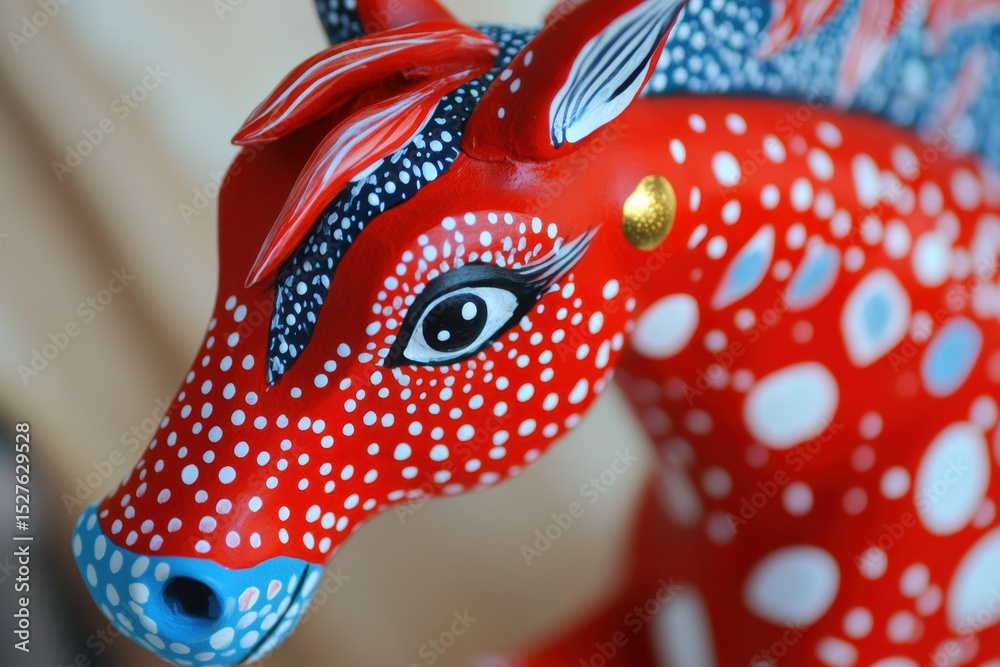 Obraz premium Vibrant Red Alebrije Horse Statue with Colorful Patterns and Artistic Designs.