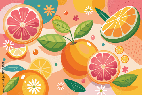 Citrus background with orange and grapefruit. Vector illustration.