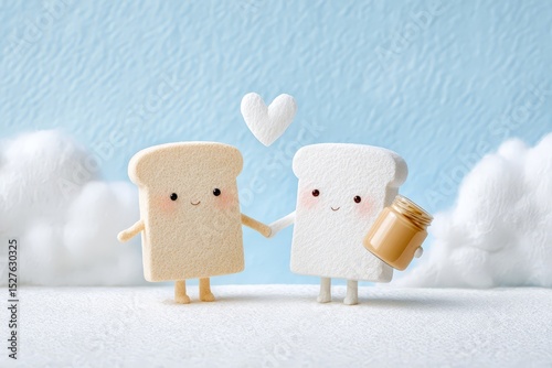 Cute bread characters holding peanut butter jar with heart in cloudy sky