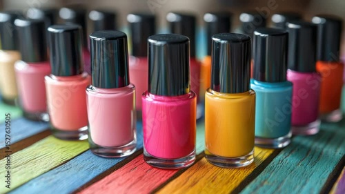 Colorful nail polish bottles arranged on a multi-colored wooden surface