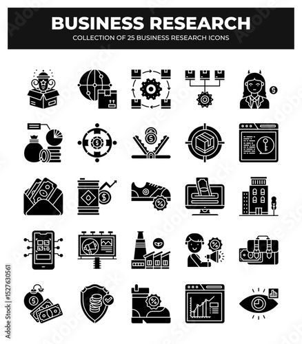 Collection of Business Research Icons: 25 Essential Glyphs for Market Analysis
