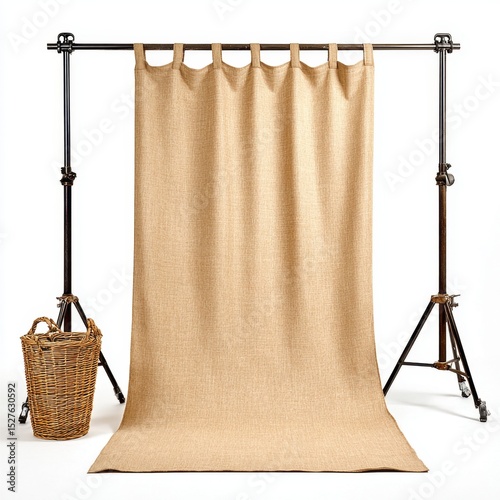 Light brown textured fabric backdrop hangs in a photography studio setup