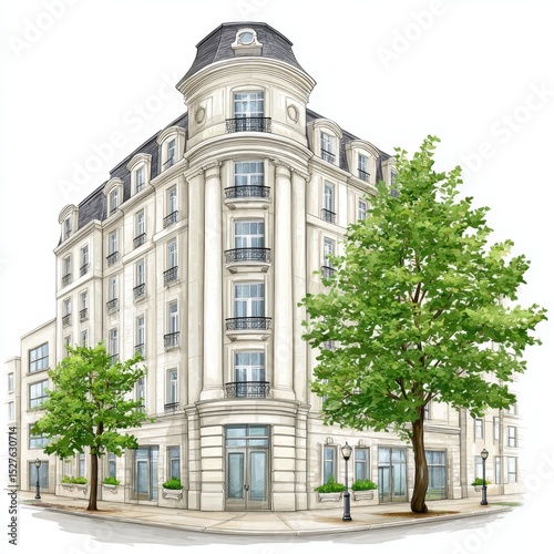 Elegant apartment building illustration showcasing classic architecture design