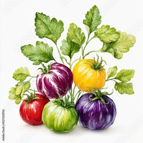 A colorful variety of heirloom tomatoes are displayed with green herbs here