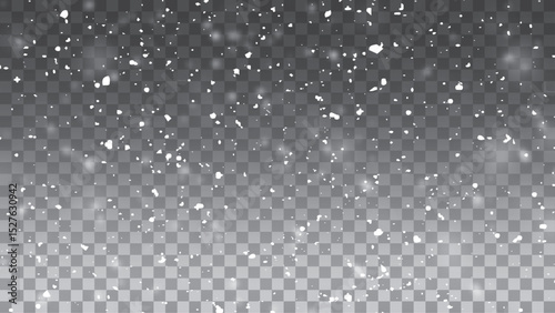 Realistic falling snow with snowflakes and clouds. Vector heavy snowfall, snowflakes in different shapes and forms. Many white cold flake elements on transparent background. 