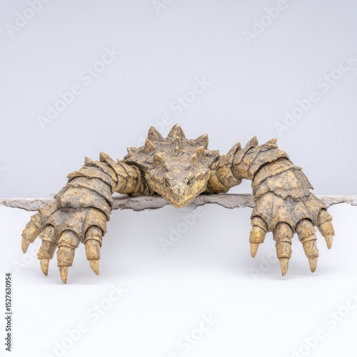 A spiky monster figure appears to climb over edge against a white wall.