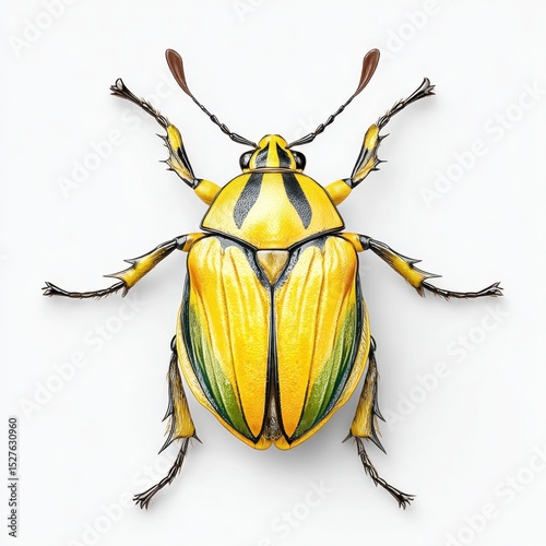 Top view of a brightly colored yellow and black beetle isolated on white background.