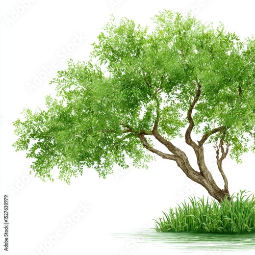 An isolated green tree with foliage stands on grass against white backdrop