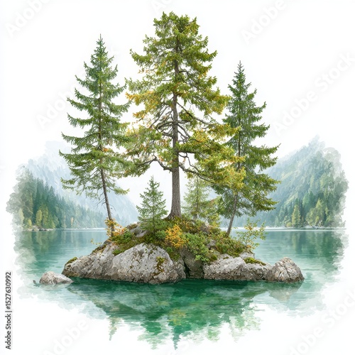 Idyllic island features lush evergreen trees rising from a tranquil lake.