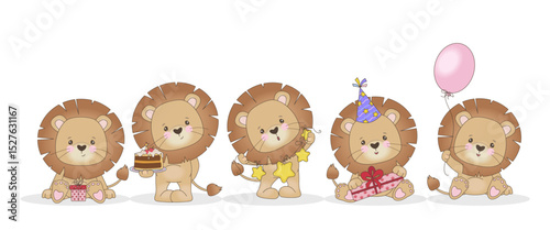 Adorable lion cubs celebrating a birthday with gift boxes, cake, balloons and party hats. This adorable vector illustration depicts a joyful party filled with festive elements.
