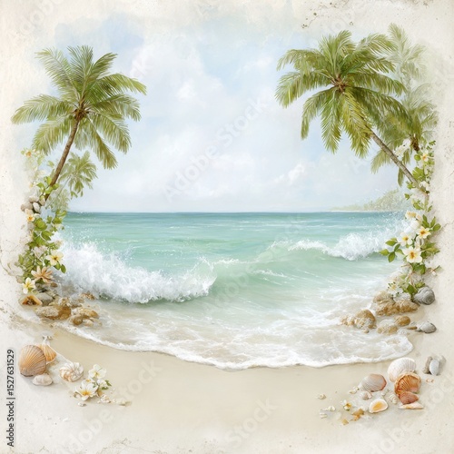 Tropical beach scene features crashing waves and palm trees artfully framed.