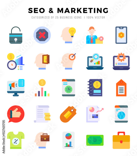 SEO & MARKETING Flat icons collection. Flat icons pack. Vector illustration