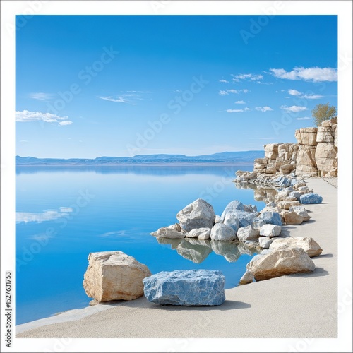 Tranquil waters reflect blue sky near rocks on a serene sandy beach day