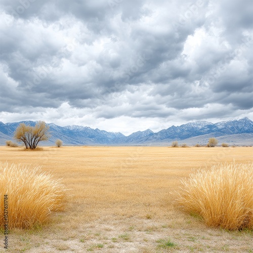 A vast golden field stretches beneath a cloudy sky near distant mountains.